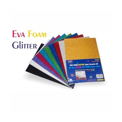 GOMMA EVA GLITTER AUTOADESIVA 2mm CF.x10 FOGLI A4 COLORI ASSORTITI